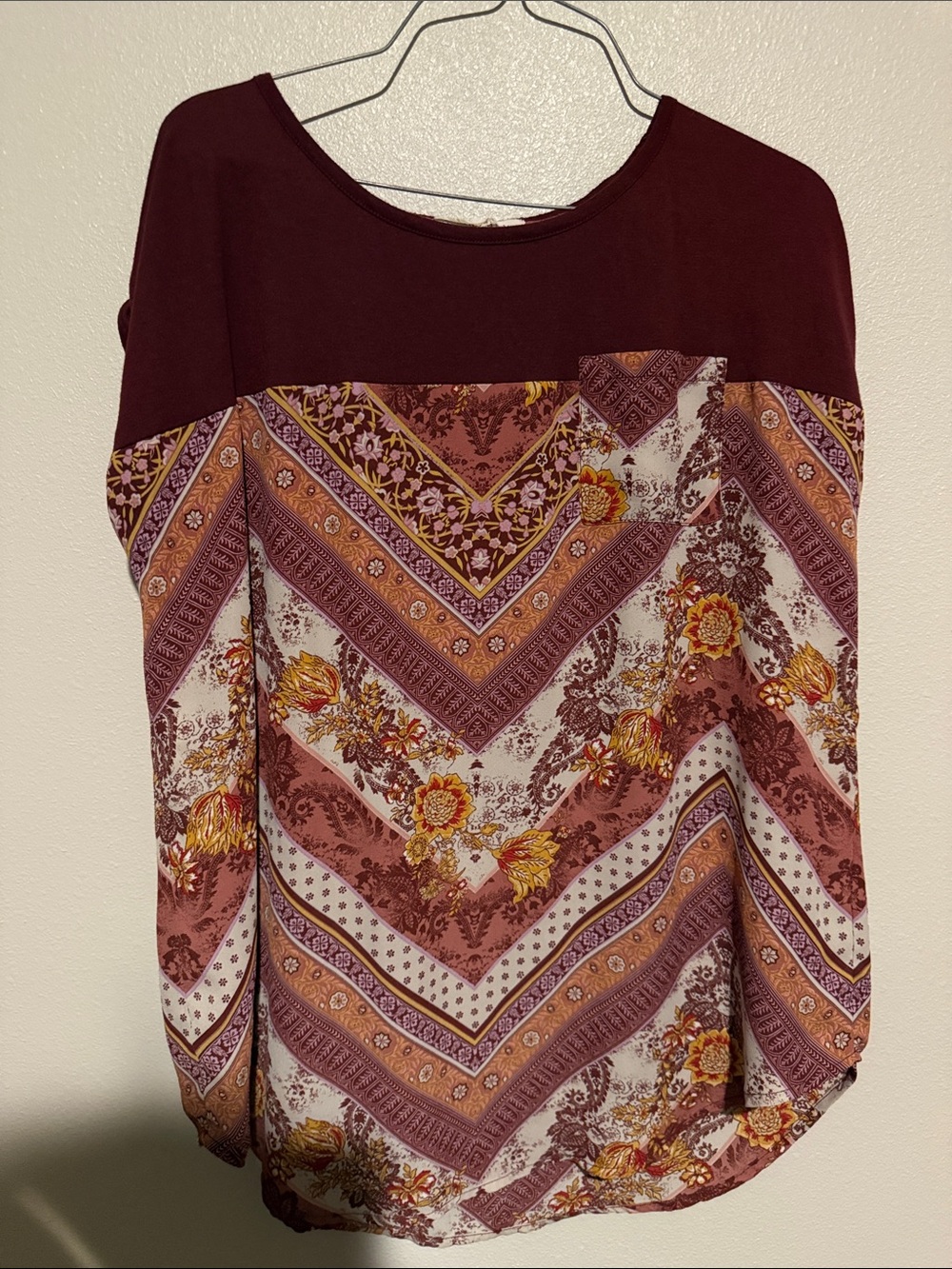 Rewind Burgundy Mixed-Print Chevron Floral Long Sleeve Top